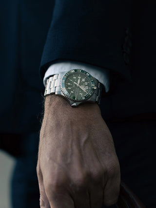 Angle shot of Luminox XS.0937 Green Dial Silver Stainless Steel Unisex Watch on white background