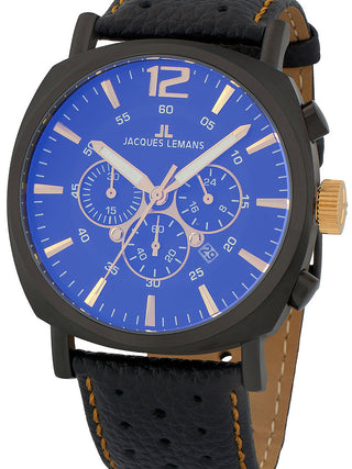 Front view of Jacques Lemans Chronograph 1-1645.1O Blue Dial Black Leather Unisex Watch on white background