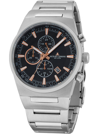 Angle shot of Jacques Lemans Chronograph 1-1734A Black Dial Silver Stainless Steel Unisex Watch on white background