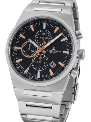 Front view of Jacques Lemans Chronograph 1-1734A Black Dial Silver Stainless Steel Unisex Watch on white background