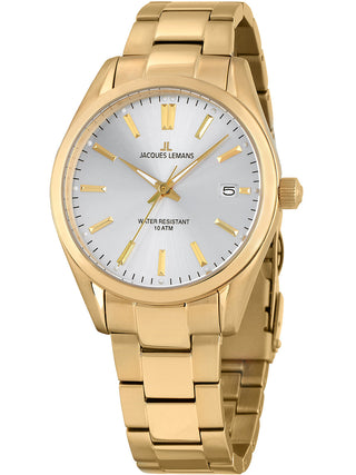 Angle shot of Jacques Lemans 1-1859K Silver Dial Gold Stainless Steel Unisex Watch on white background