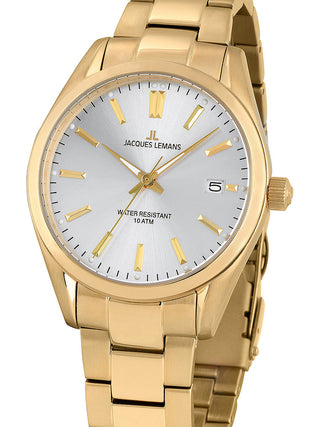 Front view of Jacques Lemans 1-1859K Silver Dial Gold Stainless Steel Unisex Watch on white background