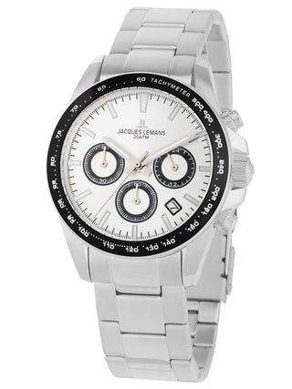 Angle shot of Jacques Lemans Chronograph 1-1877F Silver Stainless Steel Unisex Watch on white background