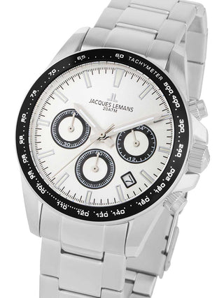 Front view of Jacques Lemans Chronograph 1-1877F Silver Stainless Steel Unisex Watch on white background