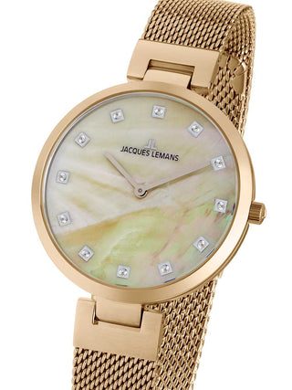 Front view of Jacques Lemans 1-2001D Mother Of Pearl Dial Gold Stainless Steel Womens Watch on white background