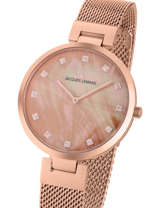 Front view of Jacques Lemans 1-2001H Mother Of Pearl Dial Rose Gold Stainless Steel Womens Watch on white background