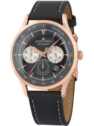 Angle shot of Jacques Lemans Chronograph 1-2068E Black Leather Unisex Watch on white background