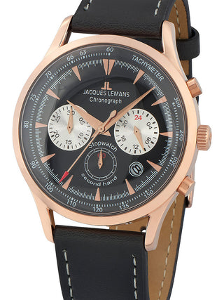 Front view of Jacques Lemans Chronograph 1-2068E Black Leather Unisex Watch on white background