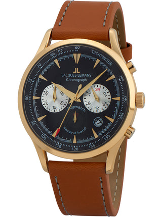 Angle shot of Jacques Lemans Chronograph 1-2068J Black Dial Brown Leather Unisex Watch on white background