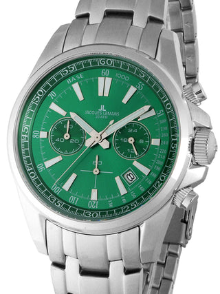 Front view of Jacques Lemans Chronograph 1-2117L Green Dial Silver Stainless Steel Unisex Watch on white background