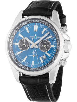 Angle shot of Jacques Lemans Chronograph 1-2117S Blue Dial Black Leather Unisex Watch on white background