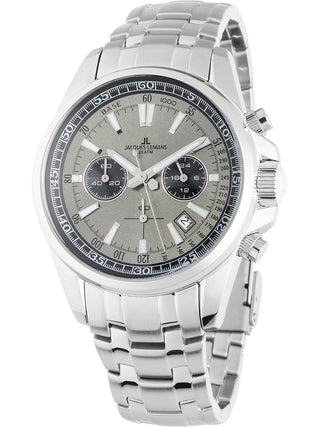 Angle shot of Jacques Lemans Chronograph 1-2117ZA Grey Dial Silver Leather Unisex Watch on white background