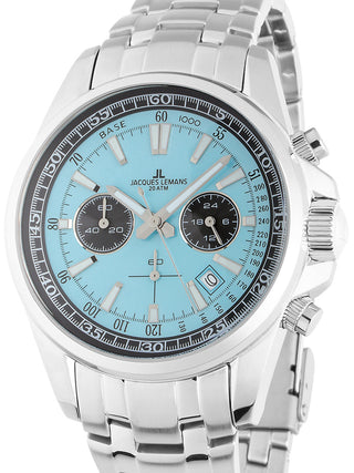 Front view of Jacques Lemans Chronograph 1-2117ZB Blue Dial Silver Leather Unisex Watch on white background