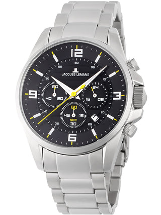 Angle shot of Jacques Lemans Chronograph 1-2118D Black Dial Silver Stainless Steel Unisex Watch on white background