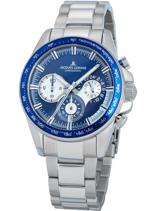 Front view of Jacques Lemans Chronograph 1-2127F Blue Dial Silver Stainless Steel Unisex Watch on white background