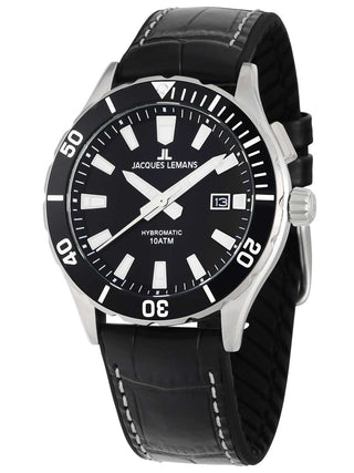 Angle shot of Jacques Lemans 1-2131A Black Leather Unisex Watch on white background