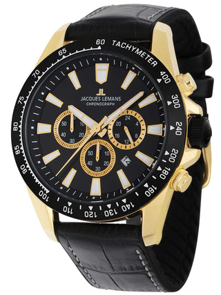 Angle shot of Jacques Lemans Chronograph 1-2140D Black Leather Unisex Watch on white background