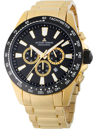 Angle shot of Jacques Lemans Chronograph 1-2140I Black Dial Gold Stainless Steel Unisex Watch on white background