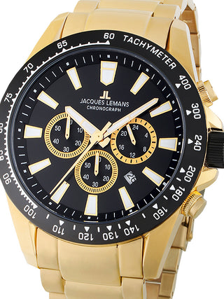 Front view of Jacques Lemans Chronograph 1-2140I Black Dial Gold Stainless Steel Unisex Watch on white background