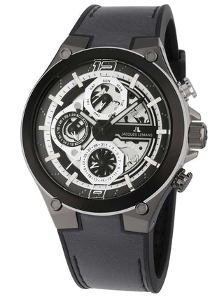 Angle shot of Jacques Lemans 1-2150A Black Leather Unisex Watch on white background