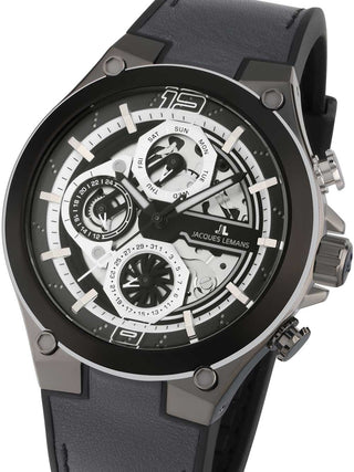 Front view of Jacques Lemans 1-2150A Black Leather Unisex Watch on white background