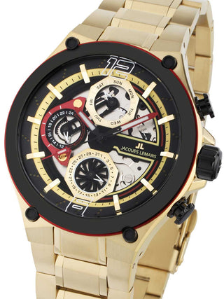 Front view of Jacques Lemans 1-2150H Black Dial Gold Stainless Steel Unisex Watch on white background