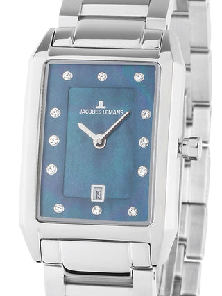 Front view of Jacques Lemans 1-2158L Blue Dial Silver Stainless Steel Womens Watch on white background