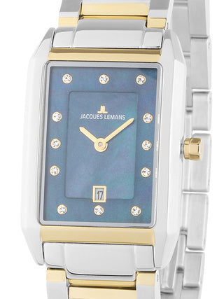 Front view of Jacques Lemans 1-2158P Blue Dial Gold Stainless Steel Womens Watch on white background