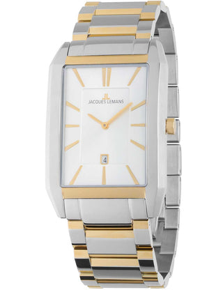 Angle shot of Jacques Lemans 1-2160L Silver Dial Gold Stainless Steel Unisex Watch on white background