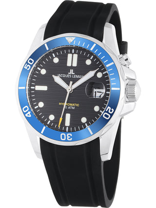 Angle shot of Jacques Lemans 1-2170D Black Silicone Unisex Watch on white background