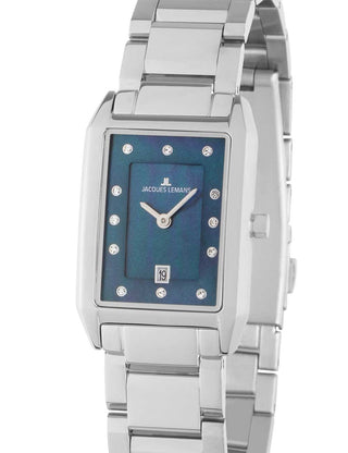 Front view of Jacques Lemans 1-2189J Blue Dial Silver Stainless Steel Womens Watch on white background