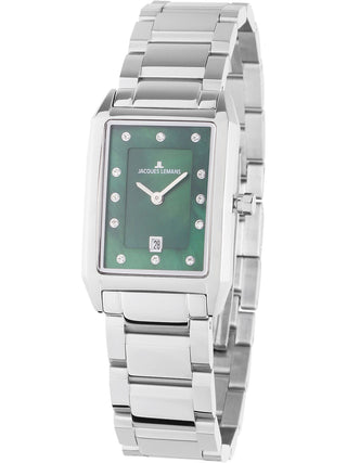 Angle shot of Jacques Lemans 1-2189K Green Dial Silver Stainless Steel Womens Watch on white background