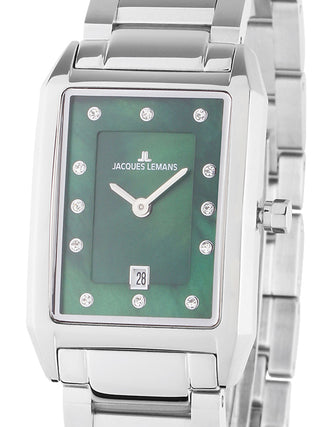 Front view of Jacques Lemans 1-2189K Green Dial Silver Stainless Steel Womens Watch on white background