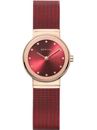 Front view of Bering 10126-363 Red Dial Stainless Steel Womens Watch on white background