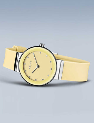 Angle shot of Bering 10129-600 Yellow Silicone Womens Watch on white background