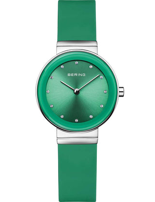 Front view of Bering 10129-808 Green Silicone Womens Watch on white background