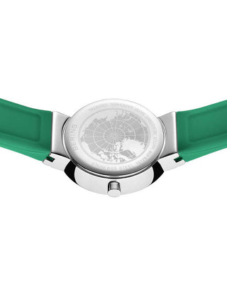 Angle shot of Bering 10129-808 Green Silicone Womens Watch on white background