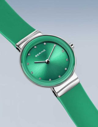 Angle shot of Bering 10129-808 Green Silicone Womens Watch on white background