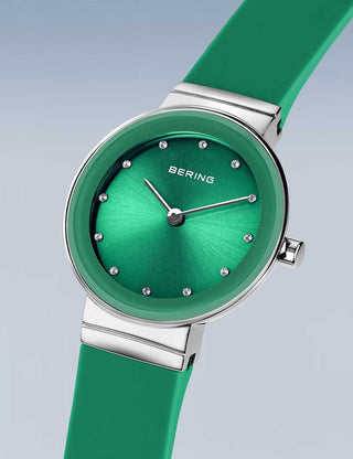 Angle shot of Bering 10129-808 Green Silicone Womens Watch on white background