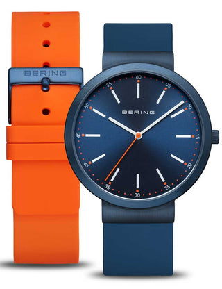 Front view of Bering 10141-397 Blue Silicone Unisex Watch on white background