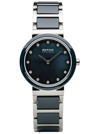 Angle shot of Bering 10725-787 Blue Stainless Steel Womens Watch on white background