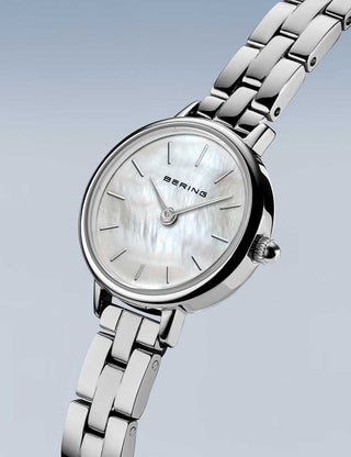 Angle shot of Bering 11022-704 Mother Of Pearl Dial Silver Stainless Steel Womens Watch on white background