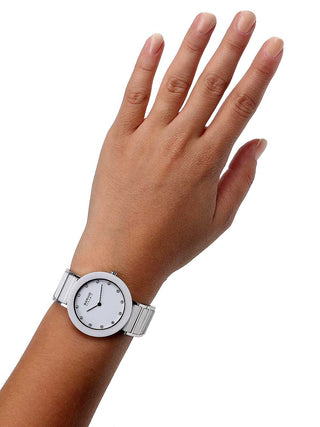 Angle shot of Bering 11435-754 White Dial Silver Strap Womens Watch on white background