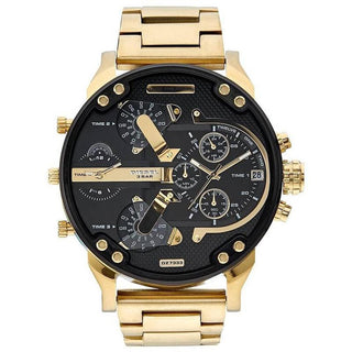 Front view of Diesel Mr Daddy 2.0 DZ7333 Black Dial Gold Stainless Steel Mens Watch on white background