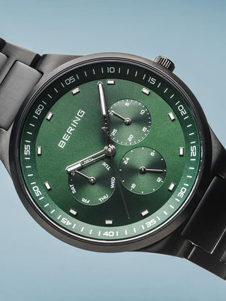 Angle shot of Bering 11740-728 Green Dial Black Stainless Steel Unisex Watch on white background