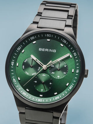 Angle shot of Bering 11740-728 Green Dial Black Stainless Steel Unisex Watch on white background