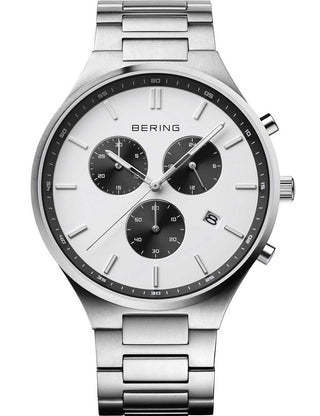 Front view of Bering Chronograph 11743-704 White Dial Silver Titanium Unisex Watch on white background