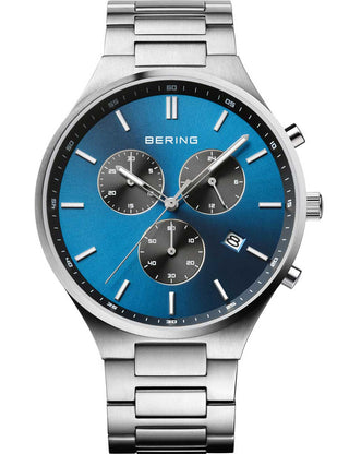 Front view of Bering Chronograph 11743-707 Blue Dial Silver Titanium Unisex Watch on white background