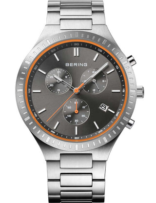 Front view of Bering Chronograph 11743-709 Grey Dial Silver Titanium Unisex Watch on white background