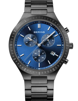 Front view of Bering Chronograph 11743-727 Blue Dial Black Titanium Unisex Watch on white background